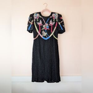 80s Intricately Beaded Colorful Floral Formal Silk Black Dress - Size Med 8-10